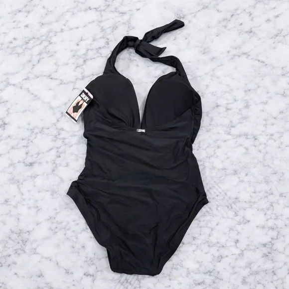 DKNY Black Halter One Piece Swimsuit Tummy Control Small NWT - Picture 2 of 5